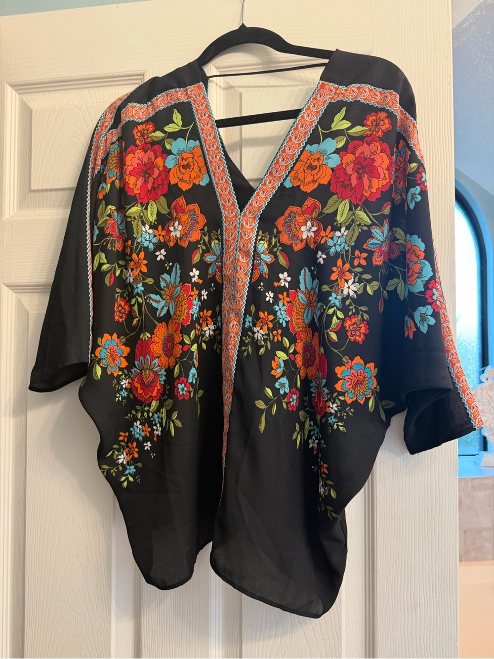 Rose & Olive Black Floral V-Neck Tunic with Orange & Turquoise Accents